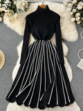 Yipinpay Turtleneck Striped Pleated Knitted Dress Long Sleeve Thick Elastic Warm Dress Women Winter Vinage Chic Sweater Dress