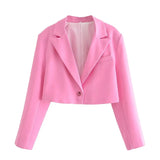 Yipinpay 2024 Women Single Button Pink Crop Blazer Vintage Long Sleeve Lapel Collar Elegant Ladies Office Suit Coat