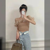 Yipinpay Camis Sexy Slim Blusas Mujer Blue Strapless Shirt Chemise Femme Tops Tees Slash Feather Blouses Korean Shirts for Women