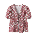 Yipinpay Flower Printed 2 Pieces Long Pant Sets For Women Elegant Short Sleeve Lace Up Shirt Wide Leg Trouser Summer Lady Outfits