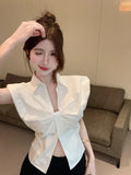 Yipinpay Sleeveless Shirts Women French Style Chic Elegant Turn Down Collar Split Summer Fashion Blouse Sexy Ladies Crop Tops