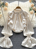 Yipinpay High Quality Satin Loose Shirt Long Flared Sleeves Ruffles O Neck Beading Women Gentle Office Lady Casual Blouse