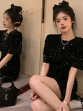 Yipinpay Spring Vestido Feminino Mini French Black Short Sleeved Velvet Sequin Dress Women Party Sexy Bodycon High Slim New