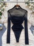 Yipinpay Autumn Mesh Basic Top 2024 Women Turtleneck Long Sleeve Ruched Open Crotch Slim Playsuits Fashion Sheer Sexy Bodysuits