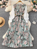 Yipinpay Ethnic Style Print Dress Women Spring New Fashion Puff Sleeve Lace-up Design Sheath 2024 Retro A-Line Long Dress