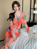 Yipinpay Fashion Sexy Woman Dress Oil Painting Blooming Autumn Winter Slim Elegant Long Sleeve V Neck Vintage Dresses Chic