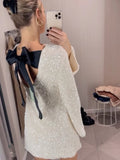 Yipinpay Shining Sequin Mini Dress For Women Long Sleeve Bowknot Chic Short Dresses Female Elegant Holiday Evening Party Looks