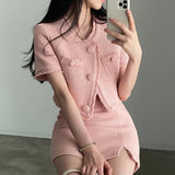 Yipinpay Chic Summer Elegant Round Short Sleeve Pink Tweed Jacket Short Tassel Shirt Mini Skirt Sets 2023 Fashion