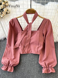Yipinpay Woman's Blusas Korean Vintage Square Collar Long Sleeve Chiffon Blouses Women Back Elastic Kawaii Crop Top White Shirt