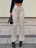 yipinpay Women's Leather Pants Zipper Leather Trousers Striaght Black Pant Solid High Waist Streetwear White Pu Faux Leather Pant