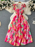 Yipinpay Summer Vacation Spaghetti Strap Long Dress Women Sleeveless Ruched Elastic Backless Dress Floral Print Beach Sundress