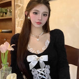 Yipinpay Women's Elegant Long Sleeve Crop Tops Bowknot Lace Patchwork Sweetheart Neckline Spring Fall Casual Slim Fit T-Shirts