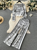 Yipinpay Winter Print Sweater Two Pieces Suits Loose Warm Pullovers+Wide Legs Long Pants Streetwear Vintage Casual Knitted Sets