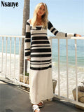 yipinpay 2023 Beach Holiday Summer Knitted Long Sleeve Women Striped Maxi Dress Bodycon Elegant Sexy Outfits Party Long Dress