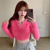 Yipinpay Mohair Zipper Sweater Sueter White Fur Cropped Cardigan Knitted Jacket Korean Fashion Clothes Pink Cardigan Tops Women