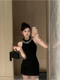Yipinpay Elegant Mini Dresses Women Rhinestone Hollow Out French Style Ruffled Collar Slim Sleeveless Off Shoulder Black Sexy