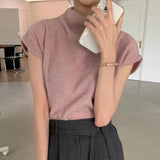 Yipinpay Gentle Grey Half Turtleneck T-shirt Short Sleeve Top Slim Crop Y2k Clothes Pink Shirts for Women Knit Tee Ropa De Mujer