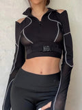 Yipinpay Emo Alt Mall Goth T-shirt Women Streetwear Harajuku Cyberpunk Sexy Hollow Out Patchwork Long Sleeve Tee Tops Techwear
