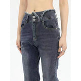 Yipinpay Jeans Women Bleached Korean Style Chic Slim Trendy Stretchy Hipster Retro Elegant Street Full Length Denim Trousers Women