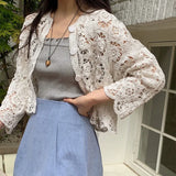 Yipinpay Vintage Lace Hollow Knitted Embroidery Design Short Outerwear Cardigan Sunscreen Clothing Women's Top Thin