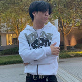 Yipinpay Unisex Y2K American Retro Zip Up Hoodies Grunge Long Sleeve Letter Print Oversized Sweatshirts Jacket Streetwear Tops