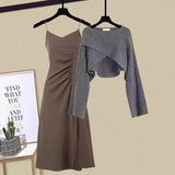 Yipinpay Autumn/Winter New Dress Matching Set Women's Chic Irregular Knit Sweater Sling Skirt Two Piece Korean Elegant Pullover Suit