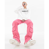 yipinpay Women's Pink Cargo Jeans Pocket Straight Vintage Streetwear High Waist Casual Fashion Baggy Wide Leg Slit Denim Trouser Ladies