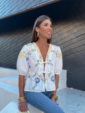 Yipinpay Flower Printing Puff Sleeve Shirts For Women Fashion Lace-up V-neck Short Blouse Female 2024 Summer Elegant Cropped Tops