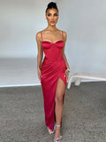 Yipinpay MO Elegant Satin Hight Split Dress Women Fashion Sexy Spaghetti Strap Ruched Backless Long Evening Dress Party Vestido