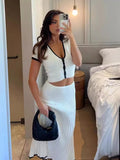 Yipinpay Knitted Patchwork Long Skirt Sets Women V-neck Short Sleeve Tops High Waist Midi Skirts 2 Pieces Sets Summer Chic Suits