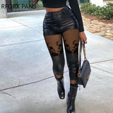 Yipinpay Women Mesh&Pu Leather Patch High Waist Zipper Pants Skinny Spring&Autumn Black Pencil Pants
