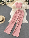 Yipinpay Women Solid Sexy Two Pieces Sets Summer Strapless Slim Camisole + Wide Leg Long Pants Sets Streetwear Two Piece Suits