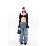 Yipinpay Autumn Denim Trousers Woman High Waist Baggy Jeans Street Hot Girl Slim Multi-Pocket Wide Leg Cargo Pants Women
