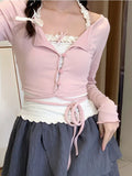 Yipinpay 2 Piece Set Woman Pink Long Sleeve Fashion Tops Basic Casual Korean Style Blouse Design Kawaii Clothing 2024 Summer Chic