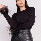 Yipinpay Womens Spring Autumn Casual Tops Solid Color Long Sleeve Feather Patchwork Blouse Soft And Comfortable Daily Wear S M L