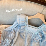 Yipinpay Style Loose Blue Shirts Y2k Tops Ruffled Blouses Korean Wide Leg Shorts Two Piece Sets Womens Outifits 2023 New