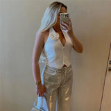Yipinpay 2023 Women Vest Flowers White Sleeveless Vest Woman Backless Cropped Summer Vest Women Chic And Elegant Woman Jacket