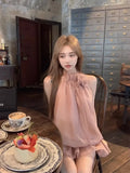 Yipinpay Elegant Dresses Women Flowers Sleeveless Ruffled Collar Halter Mesh Patchwork Backless Loose Holiday Sweet Party Dress
