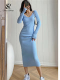 Yipinpay Women Autumn Knitted Dress V Neck Sexy Slim Elastic Oversized Basic Bodycon Long Dress Winter knit Warm Sweater Dresses