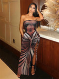 Yipinpay Simenual 2000s Aesthetics Women Strapless Prom Party Dresses Sexy High Split Bodycon Dress Y2K Printed Clubwear Elegant Outfits