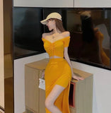 Yipinpay Women's Sexy Orange Drawstring T-shirt V Short Sleeve Top Summer 2023 New Cotton Slit Asymmetric Skirt Sets Wild