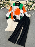 Yipinpay Winter Fashion Thick Sweater Suits 2024 Tie-dye Loose Pullover+Elastic Long Pants Print Casual Knitted Two Pieces Sets