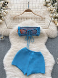 Yipinpay Bohemian Beach Style Knitting Sets Lace Up Bow Backless Sleeveless Strapless Top+Splice Flower Shorts Two Pieces Suits