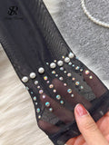 Yipinpay Beading Sequins Mesh Bodysuits Women O Neck Summer Sexy Party Club Long Sleeves Ladies Fashion Solid Rompers