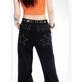 yipinpay Women Black Jeans Embroidery Low Waist Baggy Straight High Street American Autumn New Fashion Vintage Wide Leg Denim Trouser