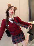 Yipinpay Preppy Style Suit Women's Autumn Red Knitted Cardigan Tank Top Long-sleeve Shirt Plaid Mini Skirt Fashion Three-piece Set