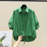 Yipinpay Summer New Bat Sleeve Shirt Women Loose Casual Hem Waist Short Sleeve Blouse Solid Crop Tops Half White Shirts Lady