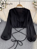 Yipinpay Korean Stylish Crop Top Shirts Women Lace-up Deep V Puff Sleeve Chic Female Blusas Casual Sexy Club Y2K Blouses Shirts