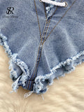 Yipinpay High Quality Denim Sets Fashion Sleeveless Backless Halter Short Tank+Cross Lace up Sensual Shorts Women Sexy Suits