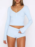 Yipinpay Womens Summer Y2K Chic 2Piece Infit Suit Solid Color Button V Neck Skinny T-Shirt + Low Waist Shorts Homewear Pjs Set